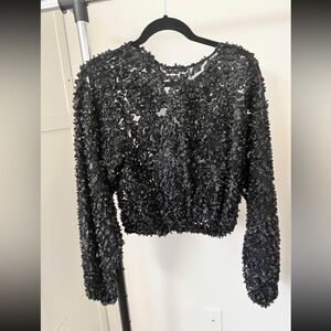 NWT Zara Black Long Sleeve Cropped Textured Women's Blouse